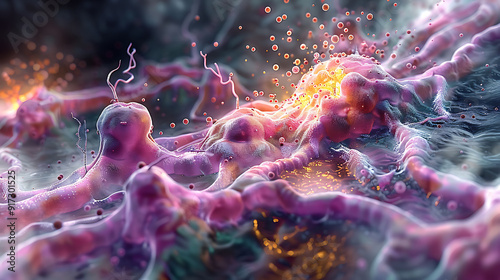 Detailed scientific illustration of process of neurotransmission showing synaptic cleft neurotransmitter release receptor