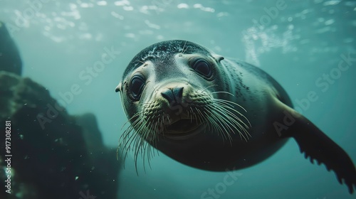 A curious seal swims towards the camera, its large eyes and whiskered snout peering out from the water.