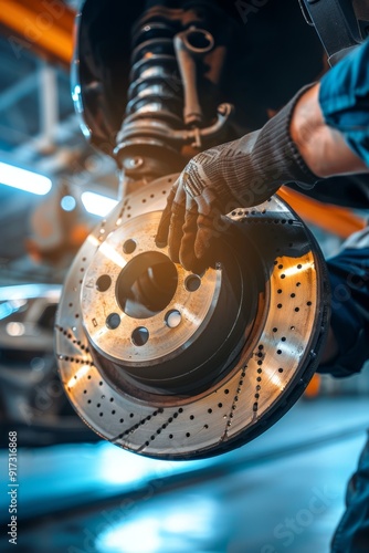 Close-Up of Mechanic Installing New Brake Pads in Well-Lit Auto Repair Garage