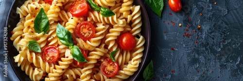 Creamy vegan garlic fusilli pasta with cherry tomatoes and basil topping Healthy plant based food recipe