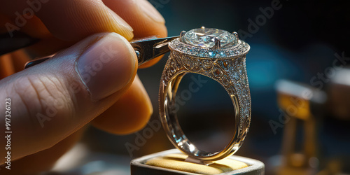 A master jeweler setting gems into diamond ring, workshop with professional tools