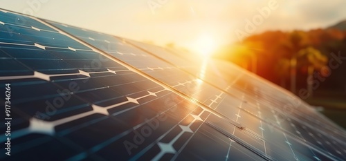 Close up of a solar panel with the sun shining in the background. Sustainable energy, renewable resource, clean energy, eco friendly, climate change.