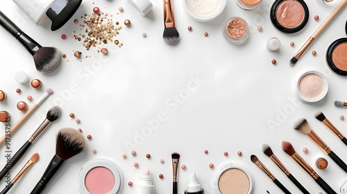 Top view of makeup brushes and cosmetics on white background with copy space, beauty products arrangement for branding and marketing, minimalistic design for skincare and makeup advertisements