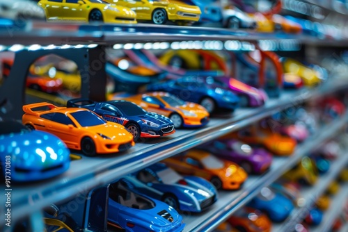 A shelf filled with rows of vibrant Hot Wheels cars and tracks, perfect for any car enthusiast. The colorful display showcases a variety of car models and track designs.