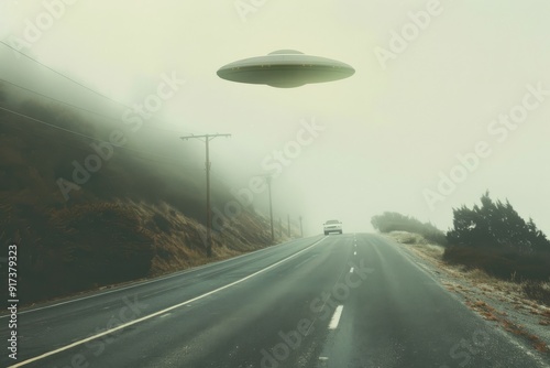 A misty road scene featuring a solitary car and an enigmatic UFO hovering above, evoking a sense of mystery and the unknown.