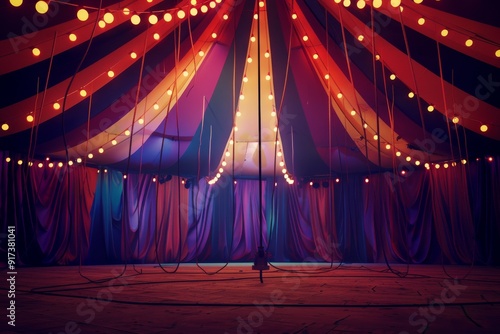 A colorful, illuminated circus tent creates a vibrant and whimsical ambiance, with strings of light bulbs hanging from above.