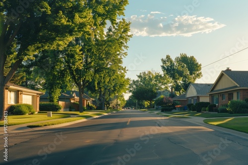 A quiet suburban street lined with trees and modest homes, bathed in afternoon sunlight, capturing the essence of peaceful community living.