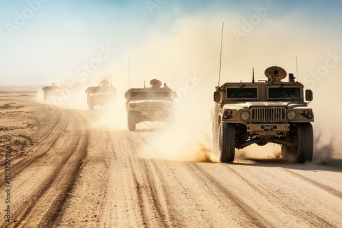 A convoy of military vehicles crosses a dusty desert with determination and grit, creating billowing clouds of dust under a bright, clear sky.