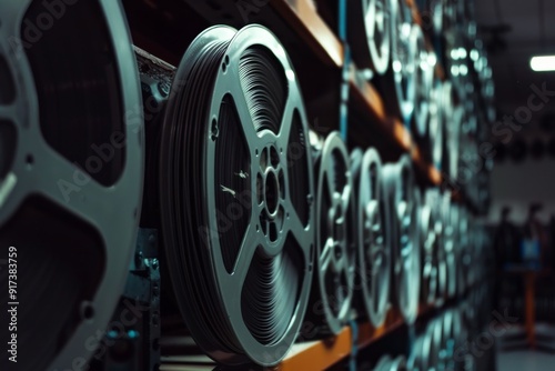 Rows of vintage film reels stored on shelves in a dimly lit room, invoking a sense of history and preservation of classic cinema artifacts.