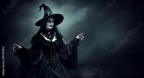 Scary witch dressed in black over a grey background, scary halloween party invitation card with empty space for text