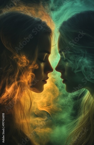 Ethereal Love's Embrace: A Young Lesbian Couple in a YA Supernatural Fantasy Setting, Entwined in a Mystical and Colorful Display of Dark and Luminous Elements