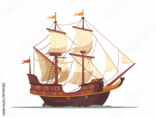 Sailing ship isolated on white background. Vector illustration in cartoon style.