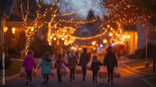 dzieci, halloween, kostiumy, trick-or-treat, święto, zabawa, dynie, osiedle, domy, wieczór, światła, festiwal, radość, cukierki, kostiumy halloweenowe, maskarada, świętowanie, przebranie, przygoda, ro