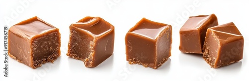 Two pieces of toffee topped with melted caramel are isolated on a white background.