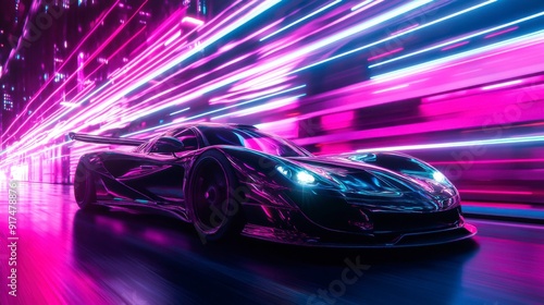 A futuristic sports car races down the neon highway of a nighttime city