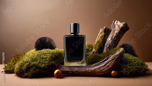 Black glass square bottle of perfume or cologne surrounded by wood and vegetation. Natural, fresh, woody scent.