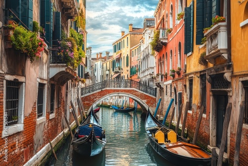 Venice canal with gondola and bridge, iconic architecture in a charming cityscape