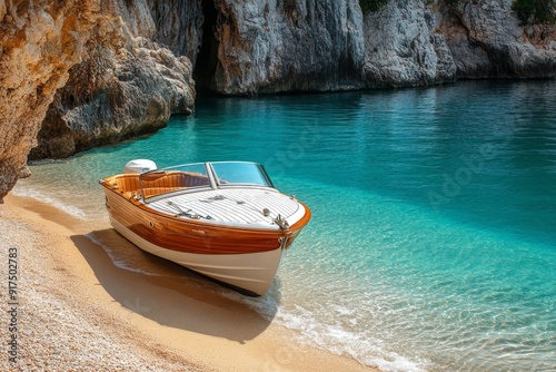 Luxury italian riva motorboat on beach mediterranean lifestyle transport for the wealthy and rich