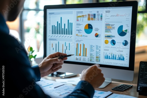 Business finance data analytics male worker analyzing graphs and charts on computer screen