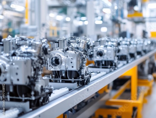 Variety of car engine parts on assembly line with spark plugs, chrome covers, and aluminum blocks