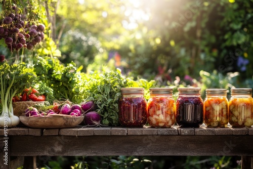 Colorful homemade pickled vegetables in jars on rustic wooden table in natural setting