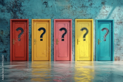 Career choice colorful doors with question marks, finding the right path among mystery options