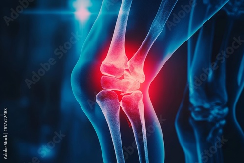 3d medical x ray of knee pain with arthritis inflammation and tendon injury, copy space