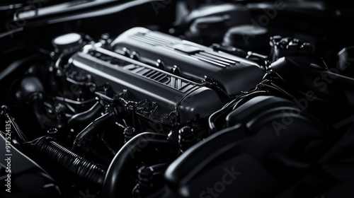 Monochrome car engine banner on dark background, high detail stock photo in hyper realistic style