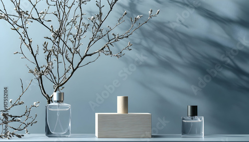 Minimalist illustration of branches and a wood box with a perfume bottle on a table. A light gray-blue tone with soft lighting for product photography, focusing on detail and quality in still life