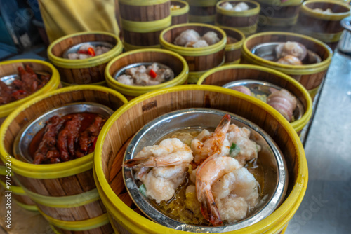 Steamer baskets containing dim sum, popular in south-eastern Asia, at a restaurant in George Town, Penang, Malaysia.