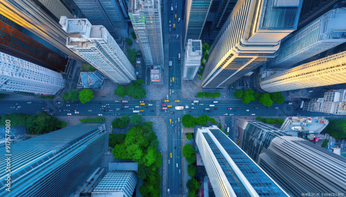 Aerial view of a bustling city intersection surrounded by tall buildings and greenery, showcasing urban life and architecture.