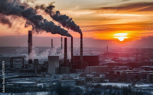 Industrial facility releasing smoke into the air during sunset, highlighting environmental pollution and industrial activities. Emphasis on the contrast between nature and industrialization 