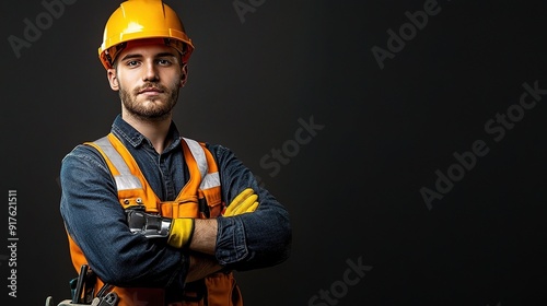 Confident Construction Professional - Portrait of a young construction worker in hard hat and safety gear against a dark background