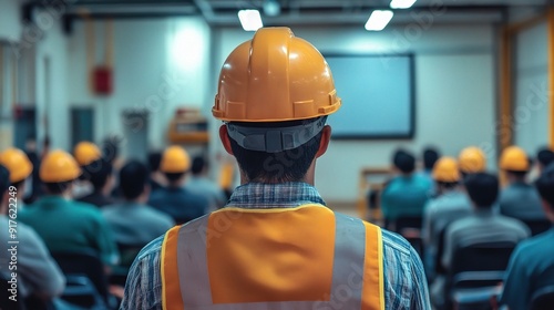 Construction Crew Safety Briefing: A focused engineer in a hard hat leads a safety briefing for construction workers