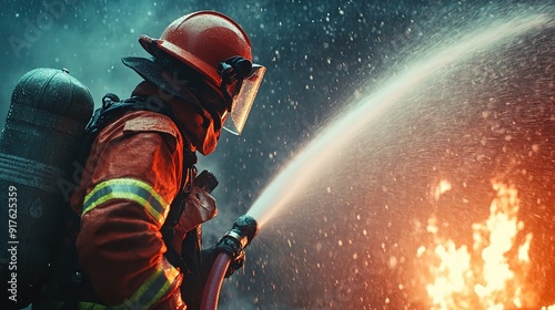 Braving the Inferno: A lone firefighter battles a raging fire, water jet piercing through the smoke-filled air. A testament to courage and duty in the face of danger. 