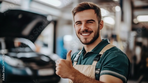 Confident Mechanic Thumbs Up: A young mechanic in his element, flashing a confident thumbs-up with a warm smile in a bustling auto repair shop. 