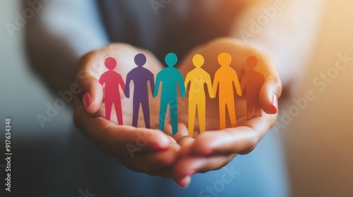 A close-up of businesswoman's hands gently cradling figures of people, symbolizing unity, diversity, and inclusivity. Supportive and caring atmosphere.