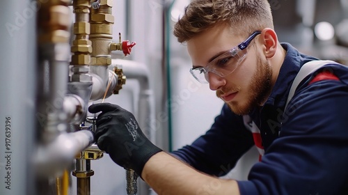 Young apprentice plumber learning to solder pipes under supervision, showcasing hands-on training