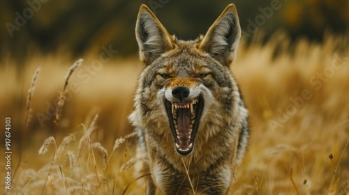 Close-up portrait of a grey coyote in the wild at sunset.