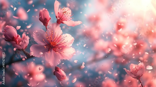 Close-up of a cherry blossom tree in full bloom with delicate pink petals falling gracefully.