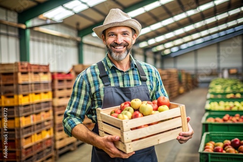 A man wearing a hat and apron is holding a crate of apples