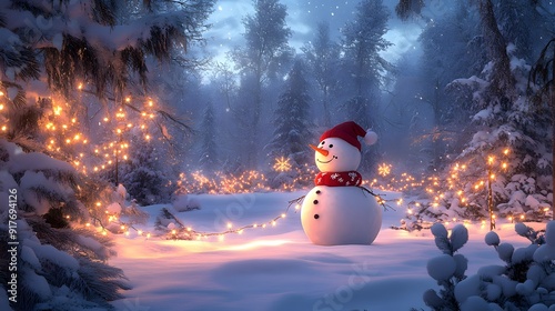 A cheerful snowman standing in the middle of a snowy field, with twinkling Christmas lights wrapped around nearby trees, creating a warm and festive atmosphere against the snowy backdrop