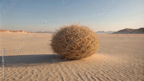 Solitary Tumbleweed in Desert Landscape - A single tumbleweed rests in the vast expanse of a desert landscape, symbolizing resilience, isolation, and the passage of time in nature.