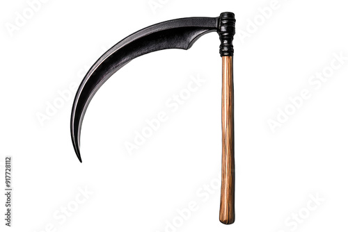 A detailed image of a traditional scythe highlighting the curved blade and wooden handle, perfect for Halloween or agricultural themes.