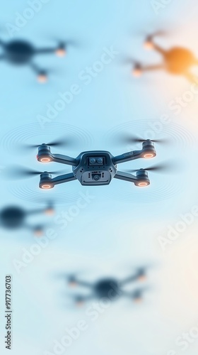 Advanced drone fleet performing synchronized aerial maneuvers, advanced technology, futuristic surveillance.