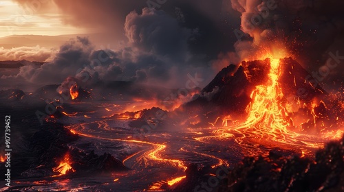 Spectacular volcanic eruption scene with molten magma spewing from the crater, accompanied by fiery lava flows and billowing smoke clouds.