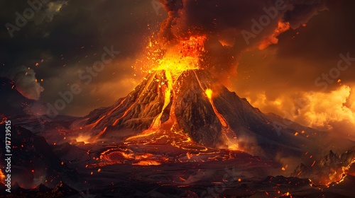 Spectacular volcanic eruption scene with molten magma spewing from the crater, accompanied by fiery lava flows and billowing smoke clouds.