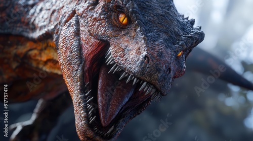  A close-up of a dinosaur with its mouth open widely