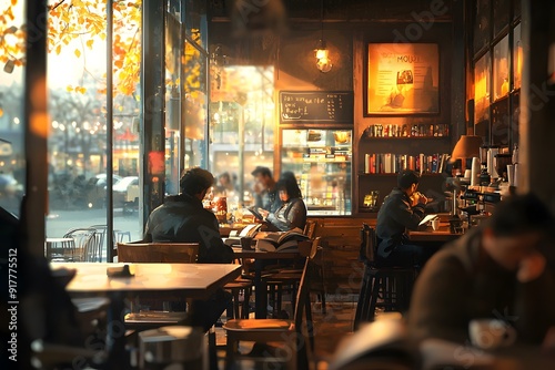 Cozy cafe ambiance with diverse patrons enjoying their drinks and reading in soft sunlight.