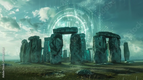 A mystical portal appears above a Stonehenge-like monument, bathed in an ethereal glow.